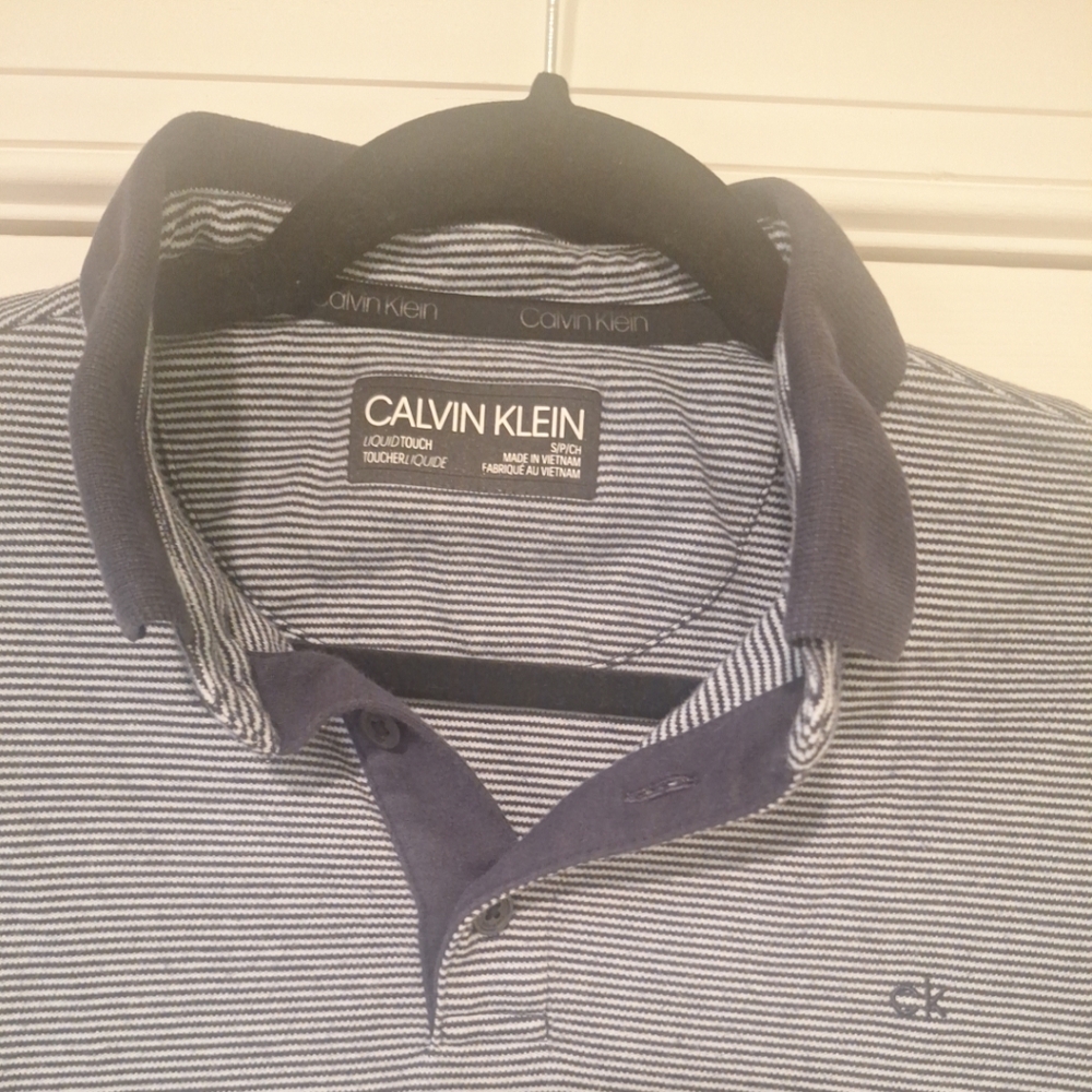 Calvin Klein Men's Striped Polo Shirt Liquid Touch - Navy and White Small